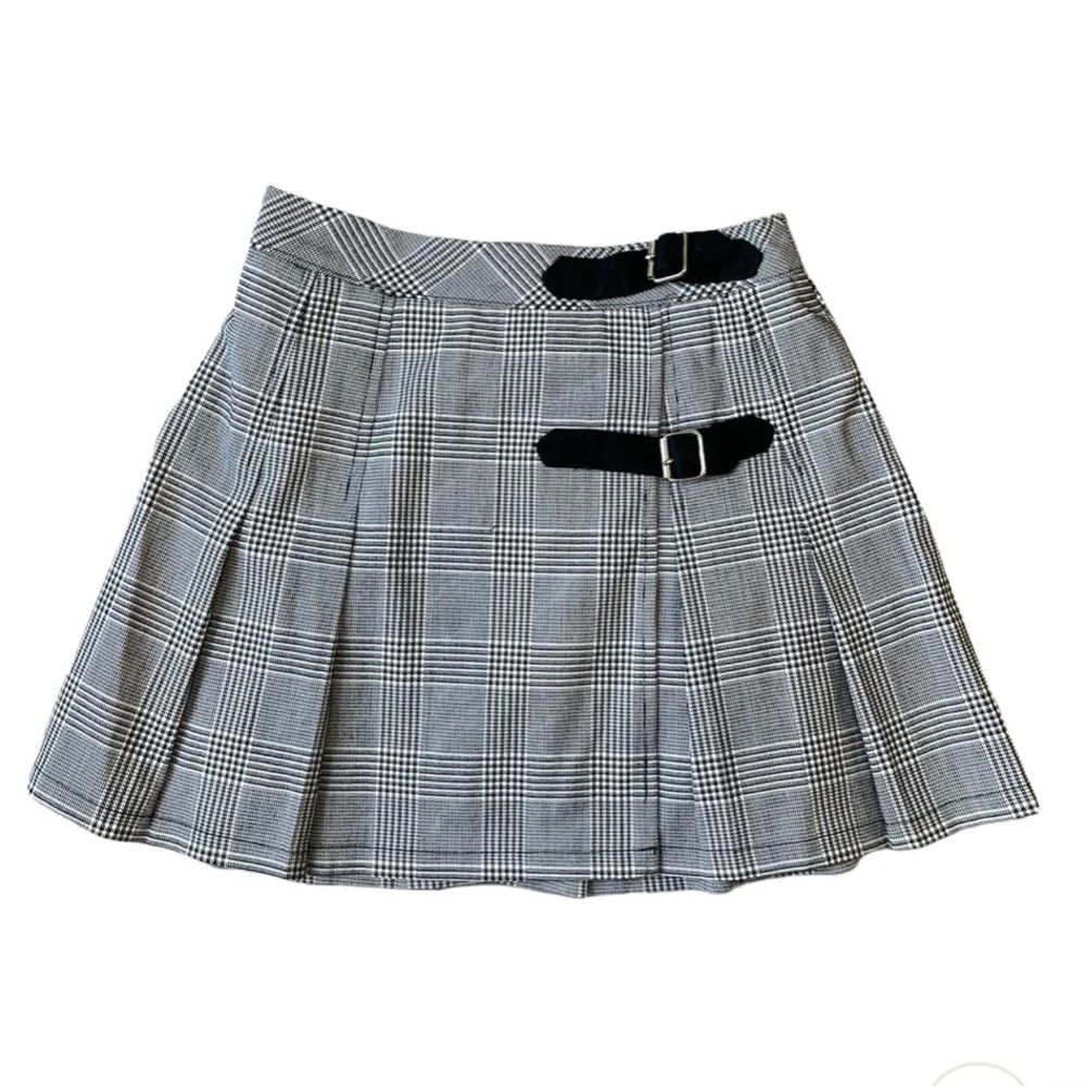 Katie J NYC Black and White Plaid Pleated Skirt with Buckle Detail